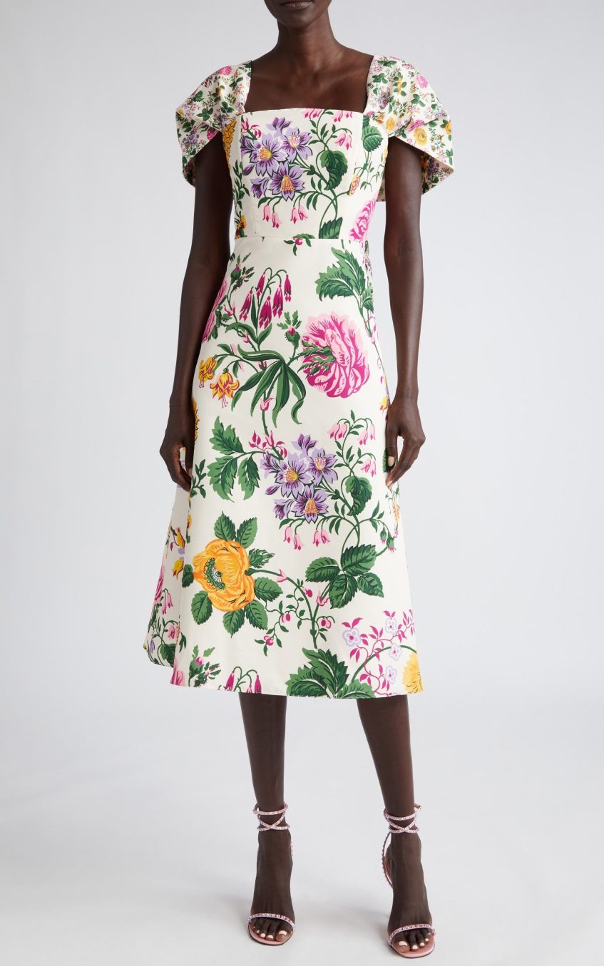 Floral Bow Draped Short Sleeve Midi Dress