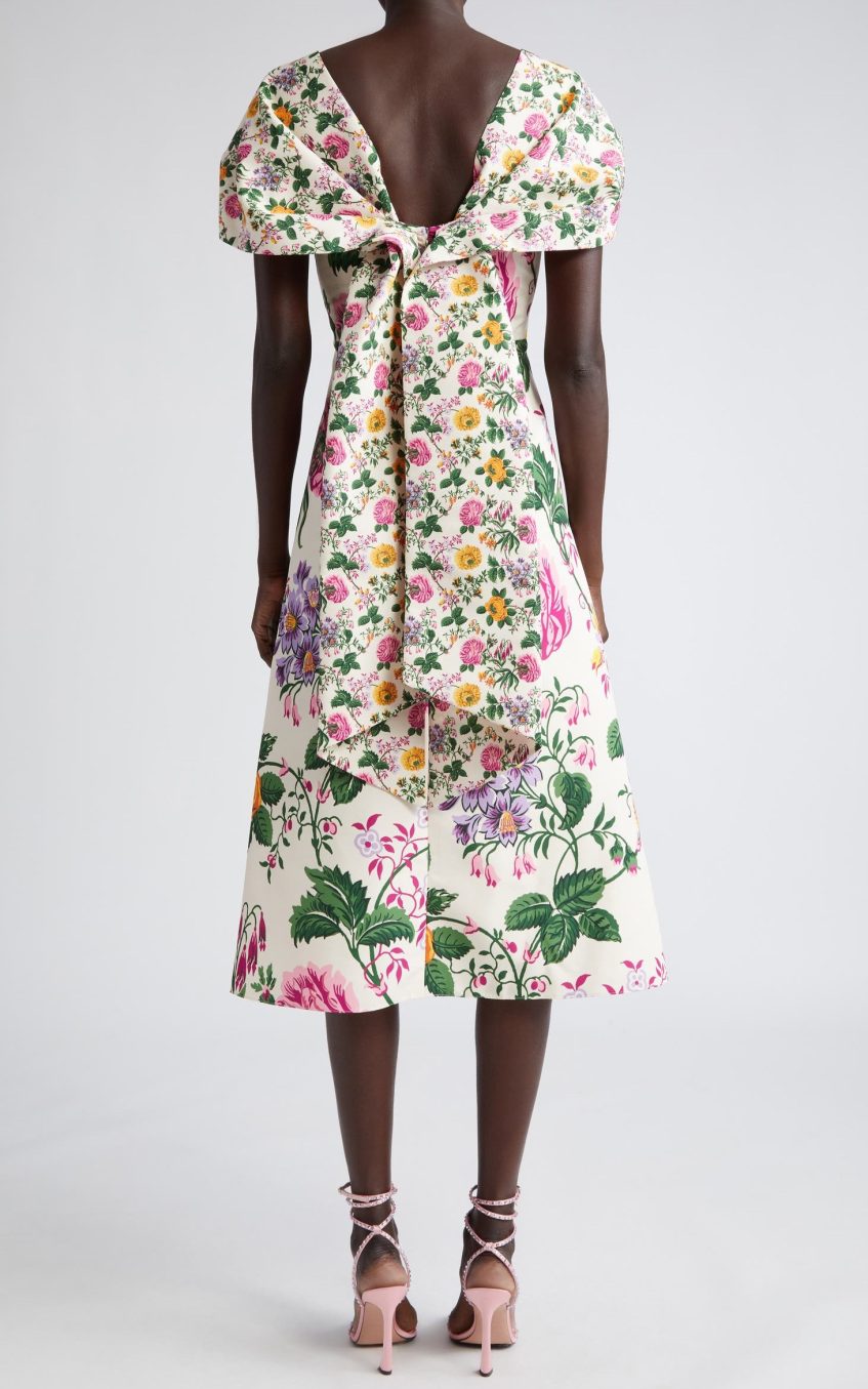 Floral Bow Draped Short Sleeve Midi Dress