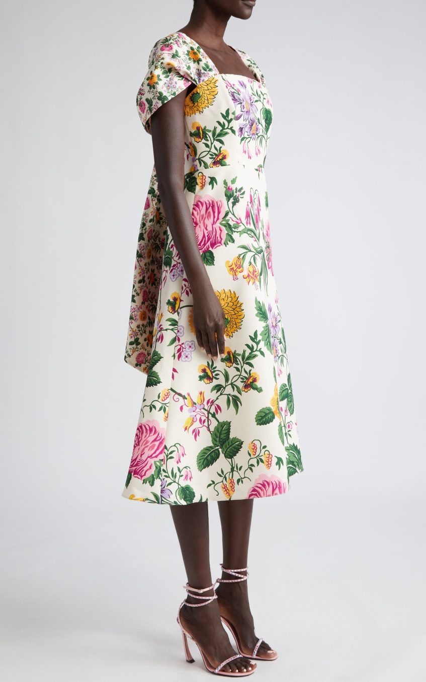 Floral Bow Draped Short Sleeve Midi Dress