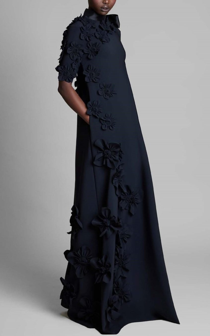 3D Flower Lace Up Mid Sleeve Maxi Dress