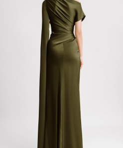 Satin Asymmetrical Neckline Draped Maxi Dress
