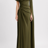 Satin Asymmetrical Neckline Draped Maxi Dress