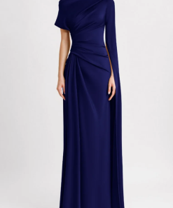 Satin Asymmetrical Neckline Draped Maxi Dress