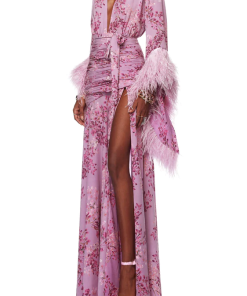 Feather Floral Long Sleeve Split Maxi Dress