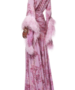 Feather Floral Long Sleeve Split Maxi Dress