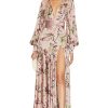 Satin V-Neck Floral Lantern Sleeve Maxi Dress