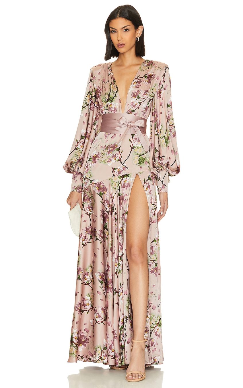 Satin V-Neck Floral Lantern Sleeve Maxi Dress