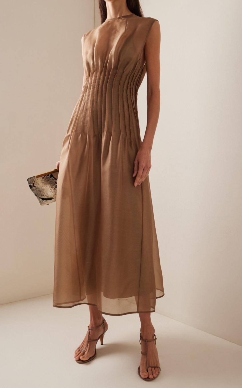 Toothpick Pleat Round Neck Sleeveless Midi  Dress