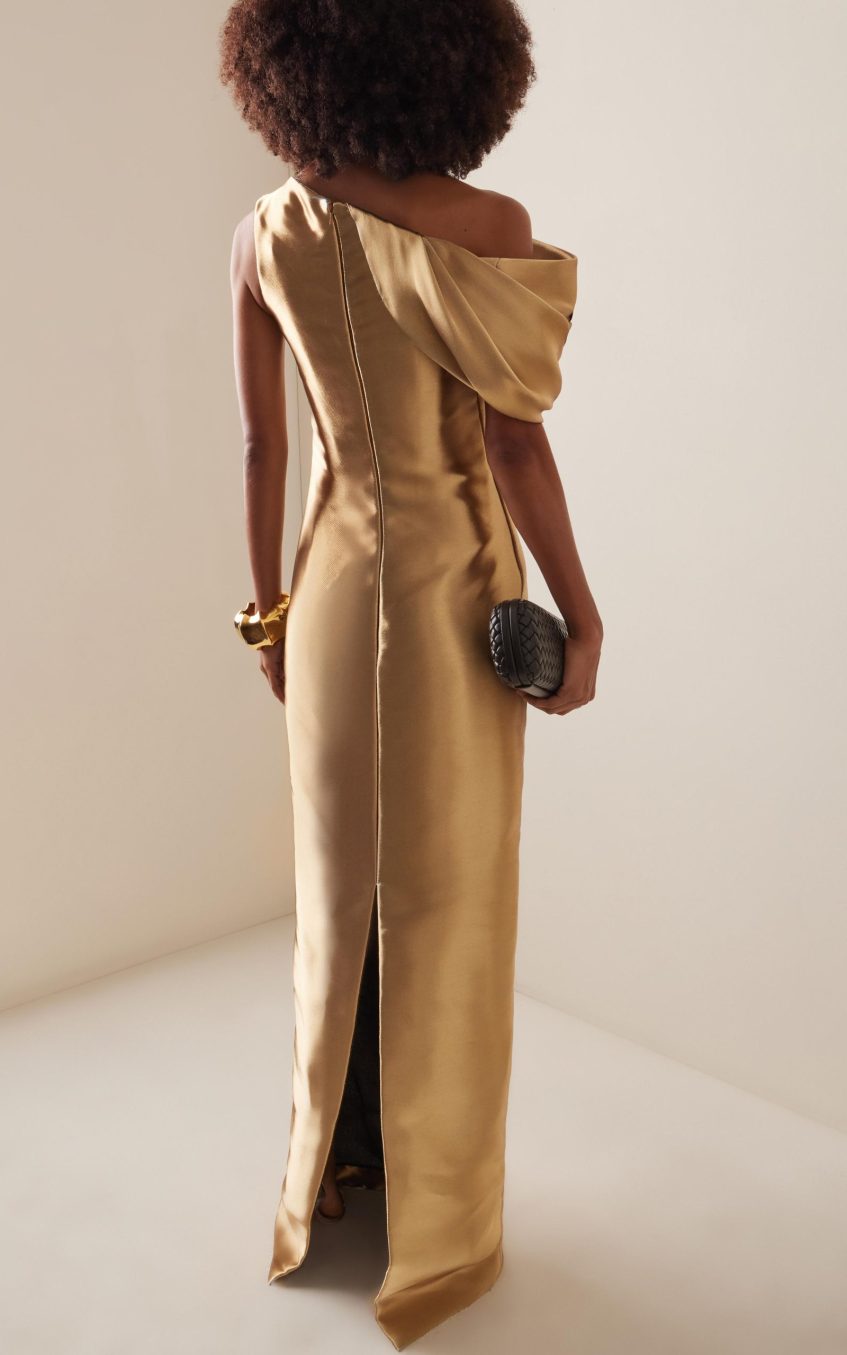 Satin Asymmetrical Neck Floral Maxi Dress