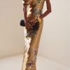 Satin Asymmetrical Neck Floral Maxi Dress