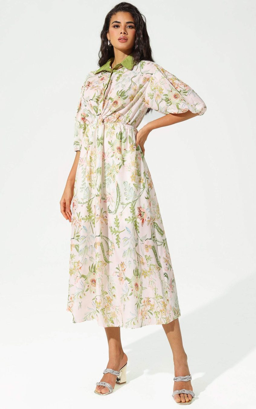 Floral Mid Sleeve Lapel Lace Up Midi Dress