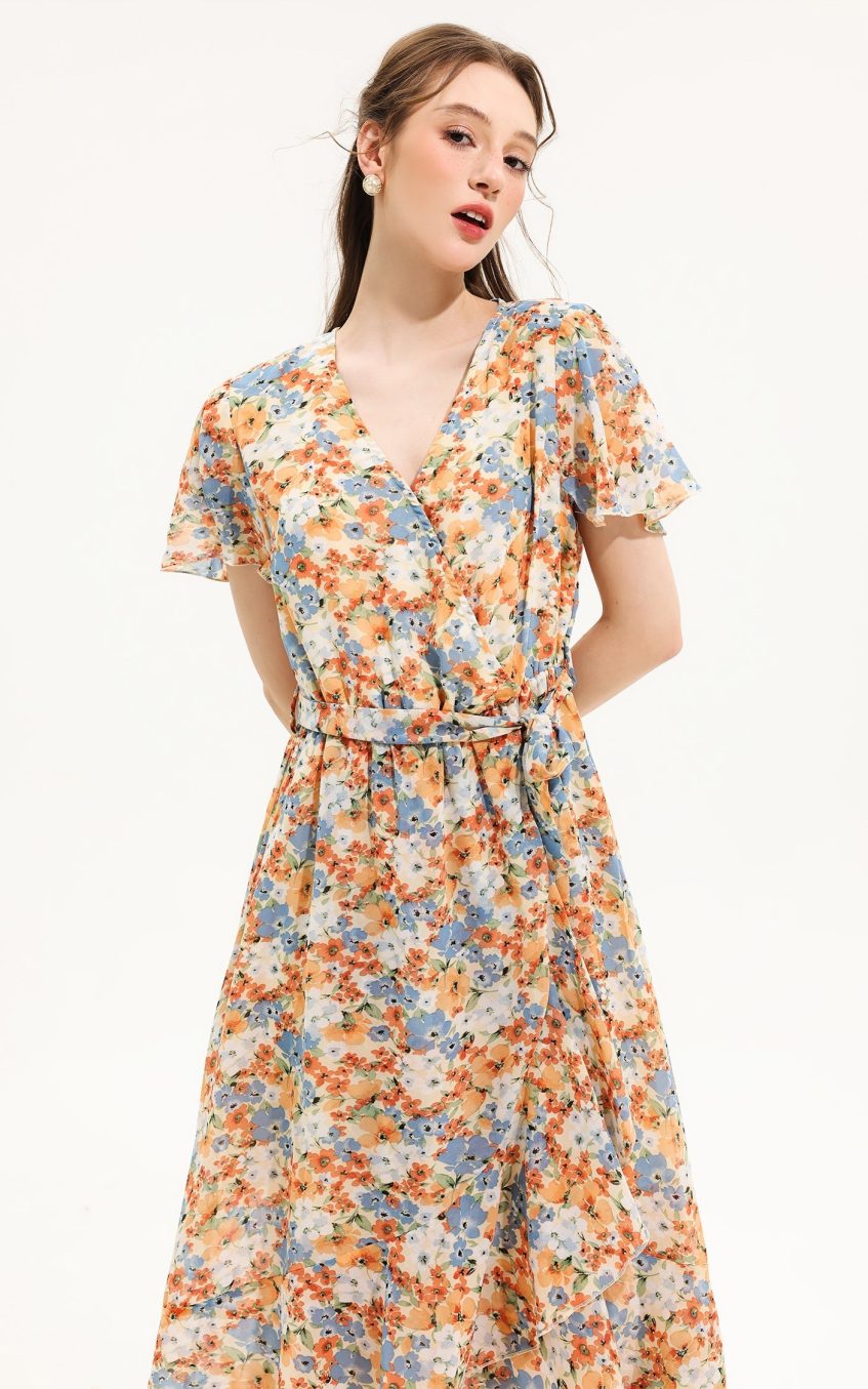 Floral V-Neck Short Sleeve Midi Dress Yellow