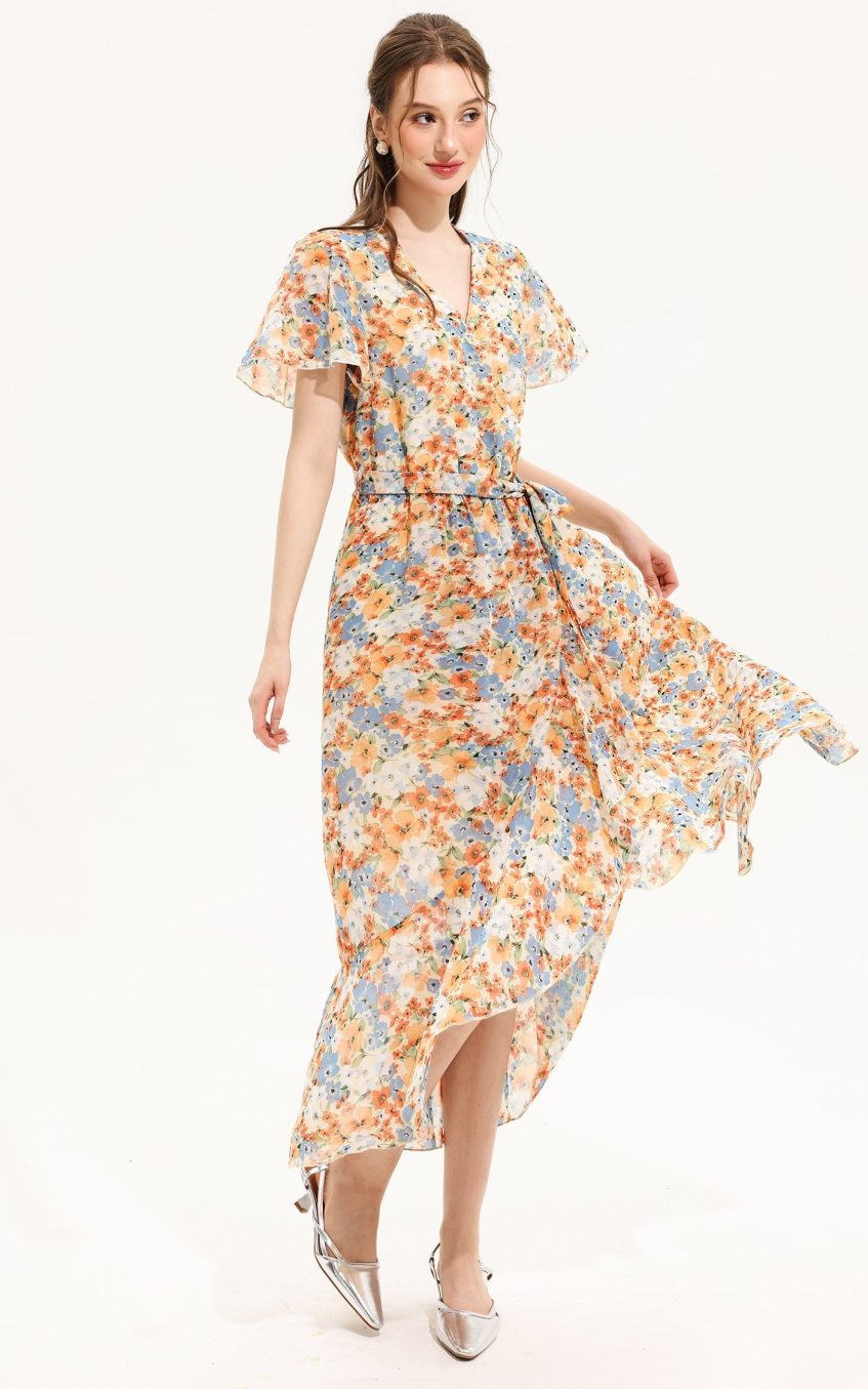 Floral V-Neck Short Sleeve Midi Dress Yellow