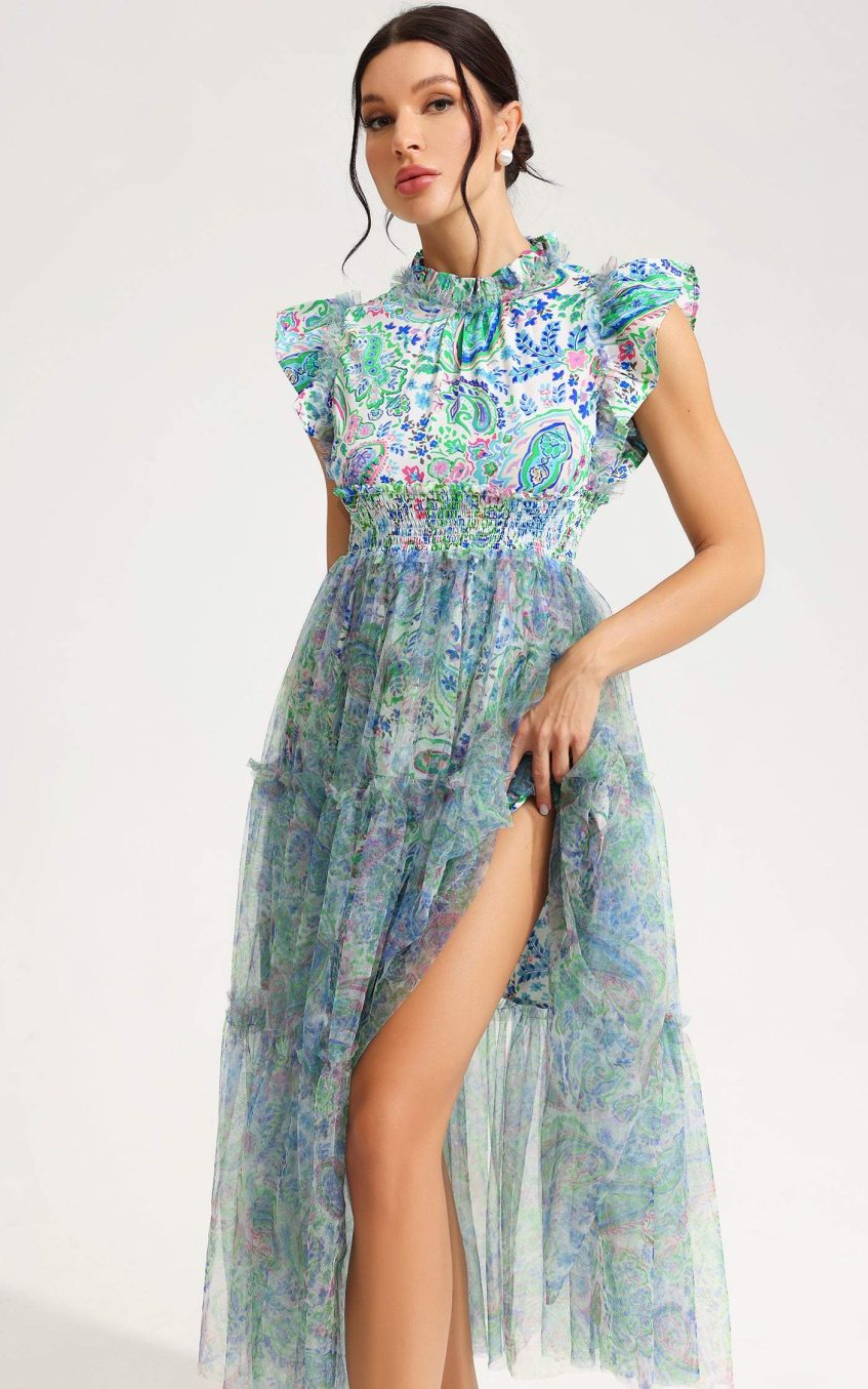 Floral Flutter Sleeve Crew Collar Tapered Waist Midi Dress Green