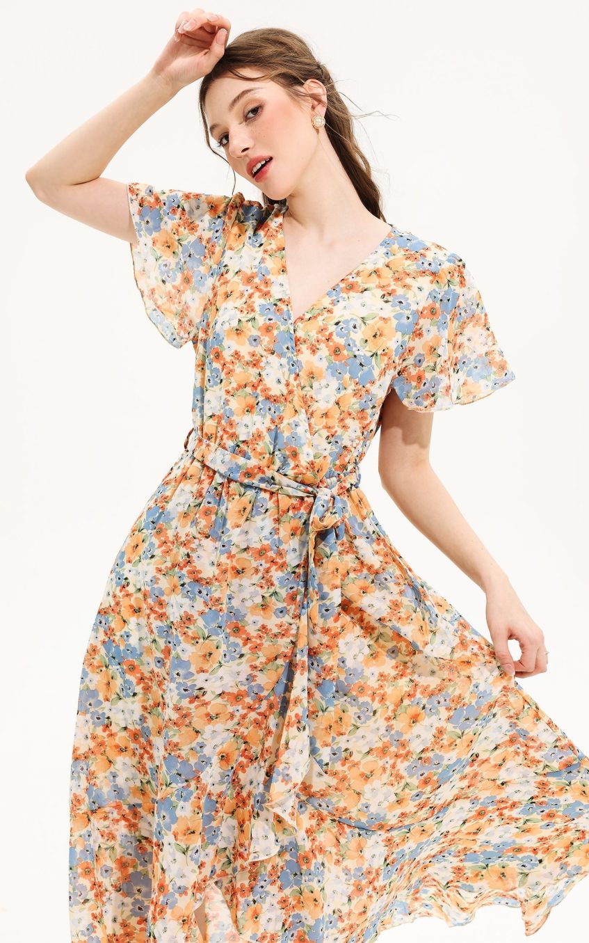 Floral V-Neck Short Sleeve Midi Dress Yellow