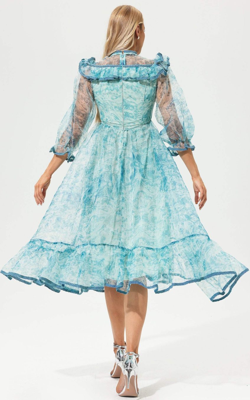 Printed Round Collar Lantern Sleeve Ruffled Midi Dress