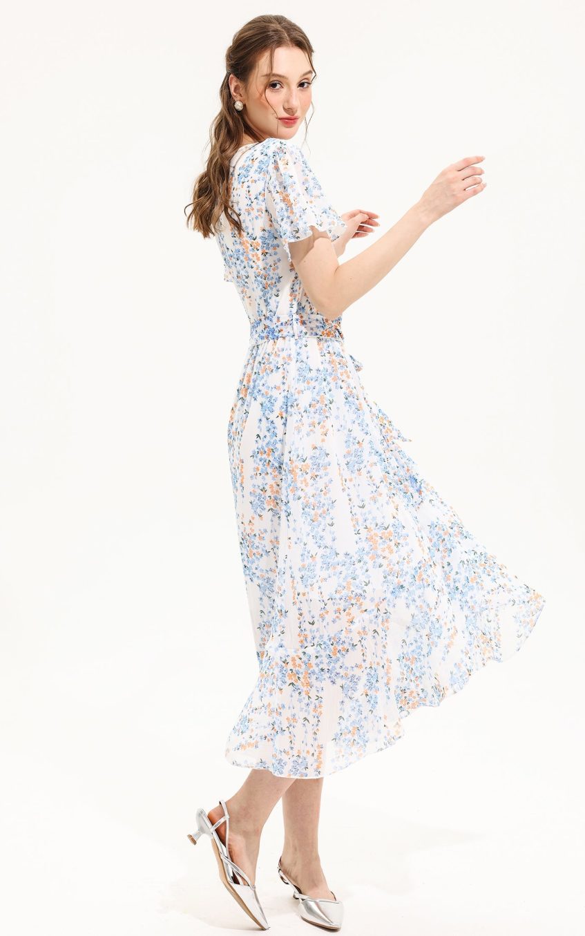 Floral V-Neck Short Sleeve Midi Dress Yellow