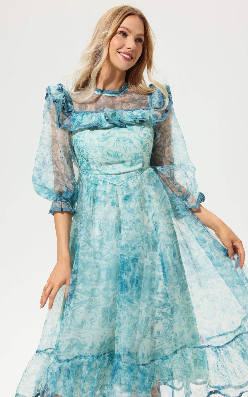 Printed Round Collar Lantern Sleeve Ruffled Midi Dress