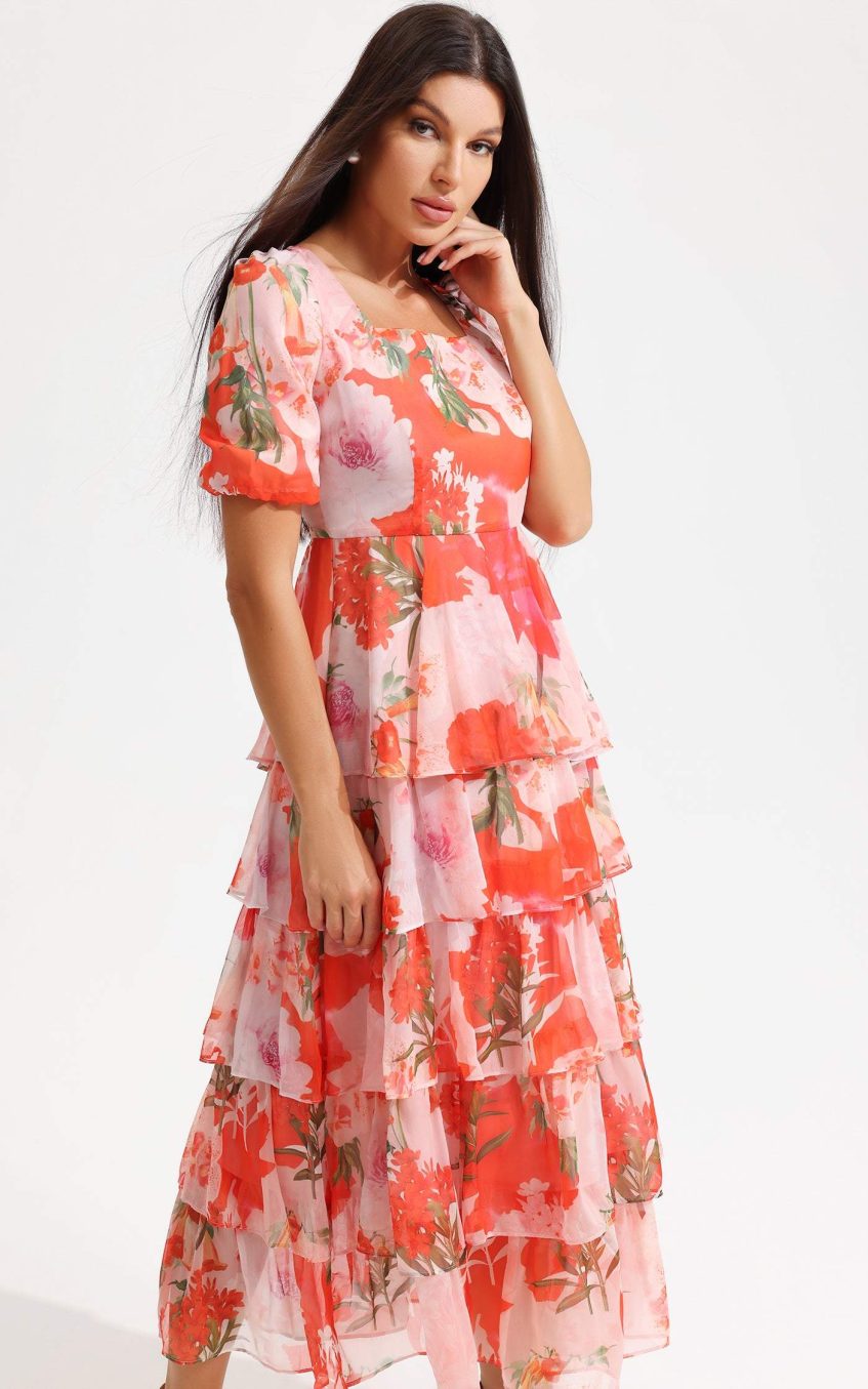 Floral Square Collar Lantern Sleeve Tapered Waist Midi Dress
