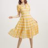 Lantern Sleeve V-neck Lattice Midi Dress Yellow