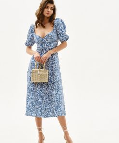 Floral Puff Sleeve Slit Midi Dress