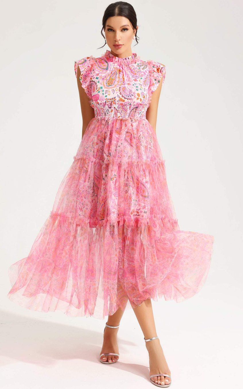 Floral Flutter Sleeve Crew Collar Tapered Waist Midi Dress Pink