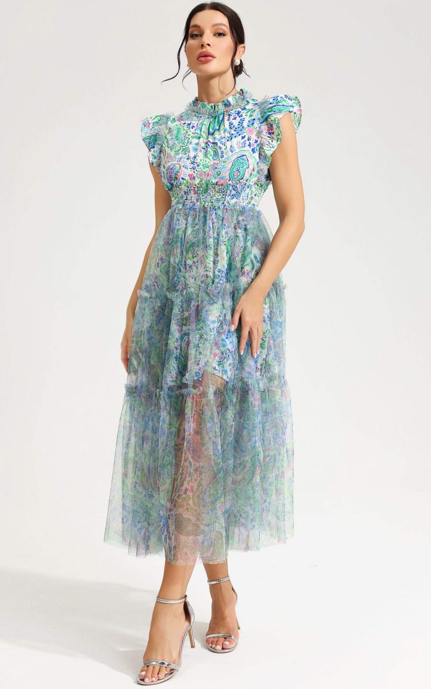 Floral Flutter Sleeve Crew Collar Tapered Waist Midi Dress Green