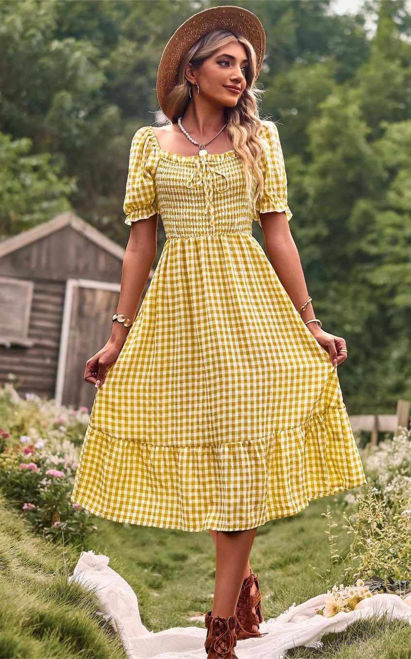 Plaid One-shoulder Midi Dress