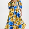 Floral V-Neck Puff Sleeve Cut-Out Midi Dress