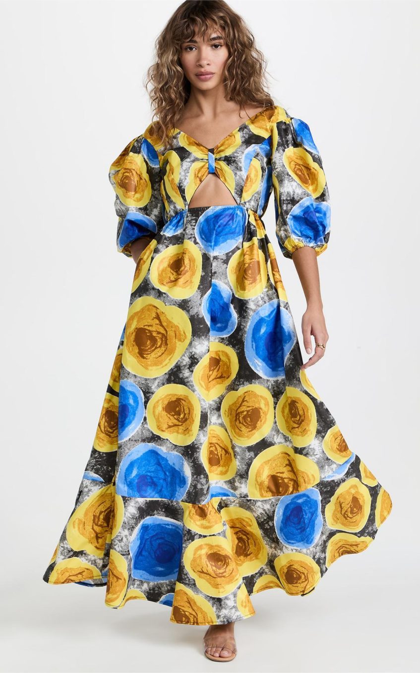 Floral V-Neck Puff Sleeve Cut-Out Midi Dress