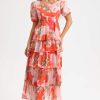 Floral Square Collar Lantern Sleeve Tapered Waist Midi Dress