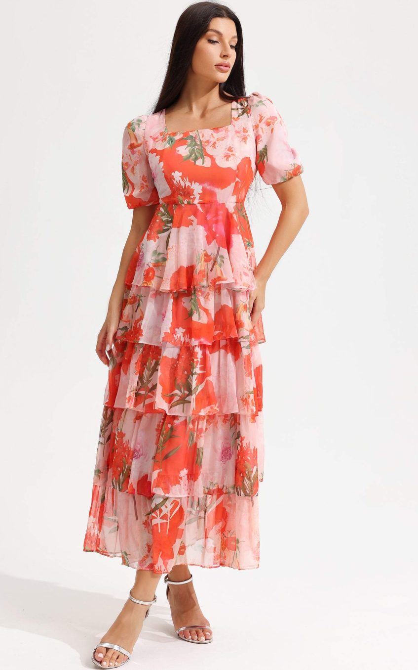 Floral Square Collar Lantern Sleeve Tapered Waist Midi Dress
