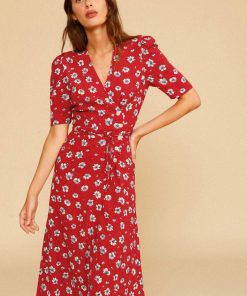 Silk Short Sleeve V-Neck Print Midi Dress