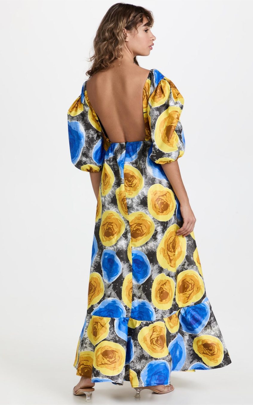 Floral V-Neck Puff Sleeve Cut-Out Midi Dress
