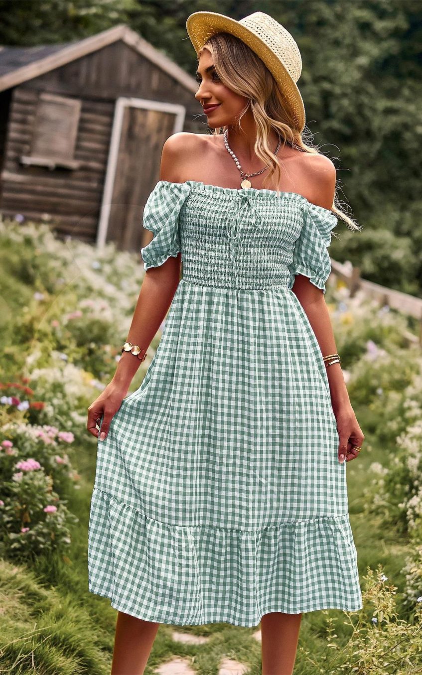 Plaid One-shoulder Midi Dress