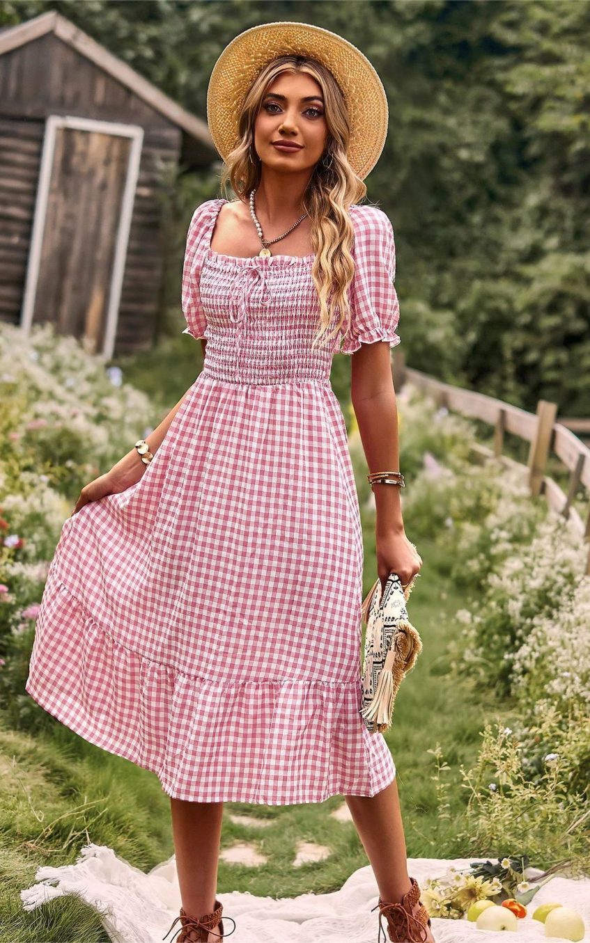 Plaid One-shoulder Midi Dress