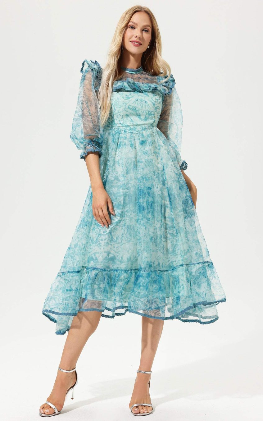 Printed Round Collar Lantern Sleeve Ruffled Midi Dress