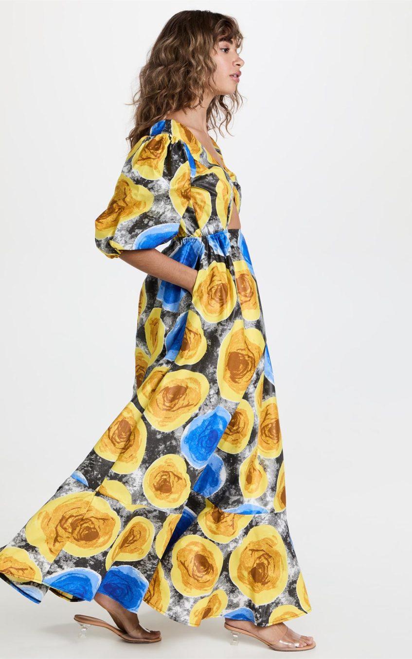 Floral V-Neck Puff Sleeve Cut-Out Midi Dress