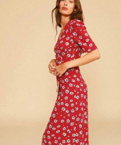 Silk Short Sleeve V-Neck Print Midi Dress
