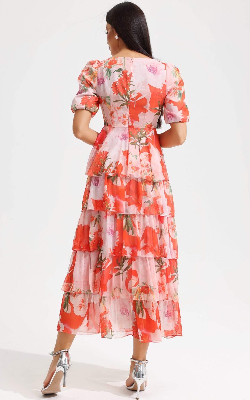 Floral Square Collar Lantern Sleeve Tapered Waist Midi Dress