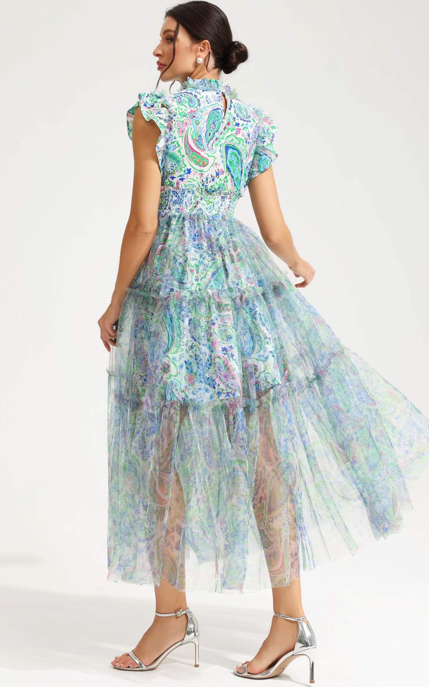 Floral Flutter Sleeve Crew Collar Tapered Waist Midi Dress Green