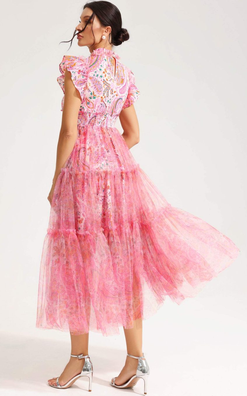 Floral Flutter Sleeve Crew Collar Tapered Waist Midi Dress Pink