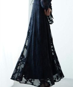 Horn Sleeve Irregular Collar Hollow Midi Dress Black