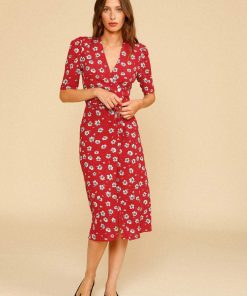 Silk Short Sleeve V-Neck Print Midi Dress