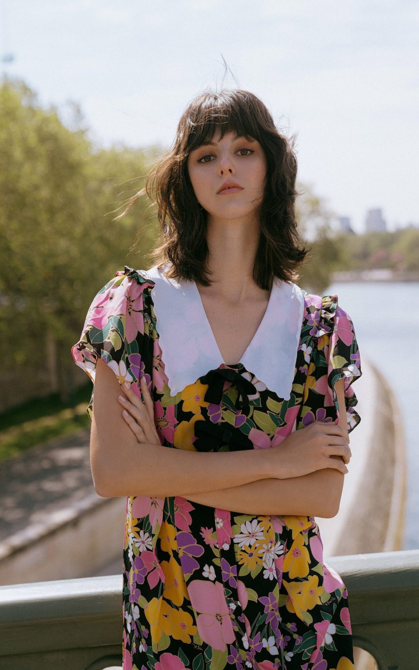 Short Sleeve V-neck Print Mini Dress Blcak