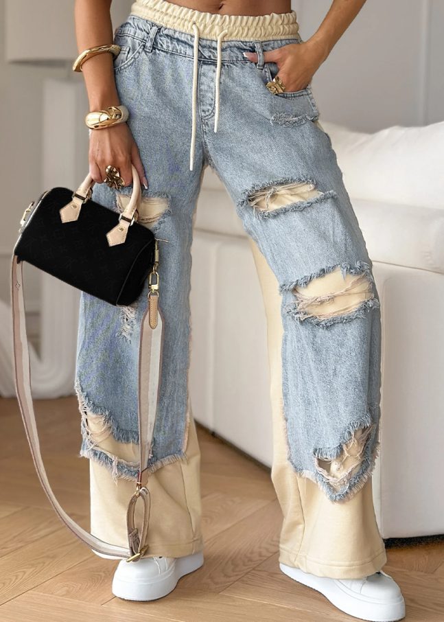 Women's Denim Trousers with Stitching and Ripped Design