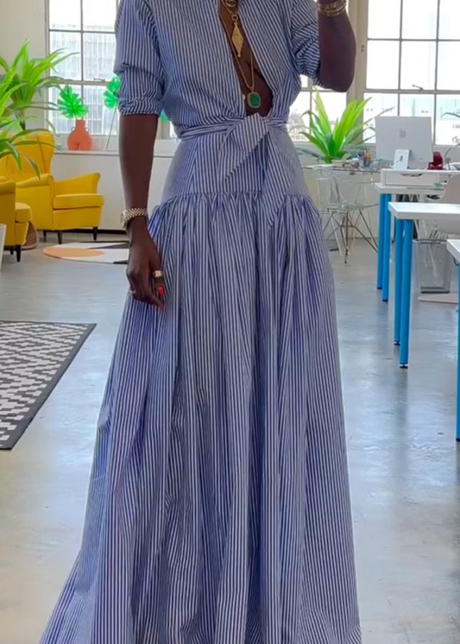 Women's Stand Collar Striped Fishtail Dress