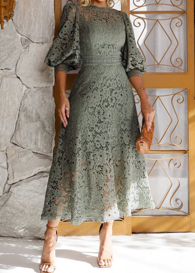 Women's Round Neck Lantern Sleeve Lace Hollow Dress