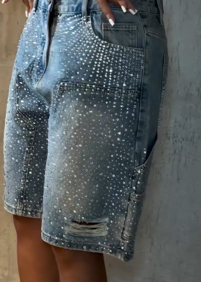 Ladies' Rhinestone Splicing Casual Five Part Jeans