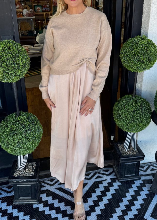 Women Inner Dress + Knitted Pleated Top Casual Suit